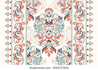 Damask pattern.Ikat floral pattern on white background.Ikat ethnic pattern vector illustration,Aztec style,hand drawn,baroque embroidery.design for texture,fabric,clothing,decoration,carpet,print.