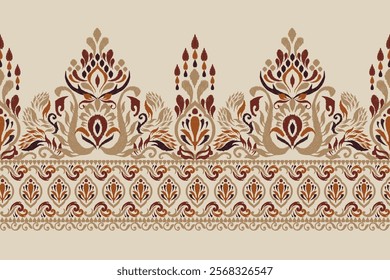 Damask pattern,Ikat floral pattern on brown background,vector illustration,Ikat ethnic oriental embroidery,Aztec style,baroque,hand drawn.design for texture,fabric,clothing,decoration,sarong,print.