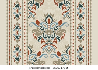 Damask pattern.Ikat floral pattern on brown background.Ikat ethnic pattern vector illustration,Aztec style,hand drawn,baroque embroidery.design for texture,fabric,clothing,decoration,carpet,print.