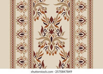 Damask pattern.Ikat floral pattern on brown background.Ikat ethnic pattern vector illustration,Aztec style,hand drawn,baroque embroidery.design for texture,fabric,clothing,decoration,carpet,print.