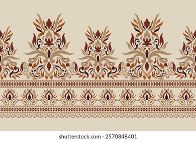 Damask pattern,Ikat floral pattern on brown background,vector illustration,Ikat ethnic oriental embroidery,Aztec style,baroque,hand drawn.design for texture,fabric,clothing,decoration,sarong,print.