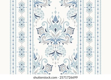 Damask pattern.Ikat floral pattern on white background.Ikat ethnic pattern vector illustration,Aztec style,hand drawn,baroque embroidery.design for texture,fabric,clothing,decoration,carpet,print.