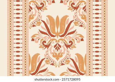 Damask pattern.Ikat floral pattern on cream background.Ikat ethnic pattern vector illustration,Aztec style,hand drawn,baroque embroidery.design for texture,fabric,clothing,decoration,carpet,print.