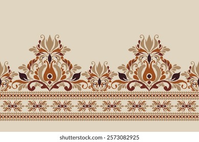 Damask pattern,Ikat floral pattern on brown background,vector illustration,Ikat ethnic oriental embroidery,Aztec style,baroque,hand drawn.design for texture,fabric,clothing,decoration,sarong,print.