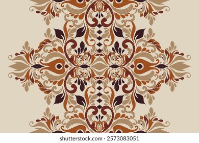 Damask pattern.Ikat floral pattern on brown background.Ikat ethnic pattern vector illustration,Aztec style,hand drawn,baroque embroidery.design for texture,fabric,clothing,decoration,carpet,print.