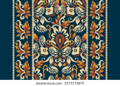 Damask pattern.Ikat floral pattern on blue background.Ikat ethnic pattern vector illustration,Aztec style,hand drawn,baroque embroidery.design for texture,fabric,clothing,decoration,carpet,print.