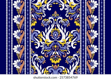 Damask pattern.Ikat floral pattern on blue background.Ikat ethnic pattern vector illustration,Aztec style,hand drawn,baroque embroidery.design for texture,fabric,clothing,decoration,carpet,print.