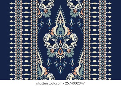 Damask pattern.Ikat floral pattern on blue background.Ikat ethnic pattern vector illustration,Aztec style,hand drawn,baroque embroidery.design for texture,fabric,clothing,decoration,carpet,print.