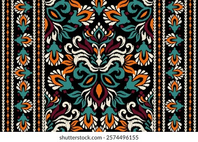 Damask pattern.Ikat floral pattern on black background.Ikat ethnic pattern vector illustration,Aztec style,hand drawn,baroque embroidery.design for texture,fabric,clothing,decoration,carpet,print.