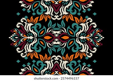 Damask pattern.Ikat floral pattern on black background.Ikat ethnic pattern vector illustration,Aztec style,hand drawn,baroque embroidery.design for texture,fabric,clothing,decoration,carpet,print.