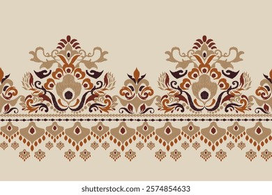 Damask pattern,Ikat floral pattern on brown background,vector illustration,Ikat ethnic oriental embroidery,Aztec style,baroque,hand drawn.design for texture,fabric,clothing,decoration,sarong,print.