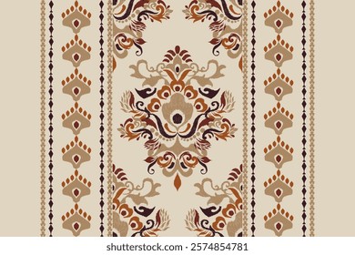 Damask pattern.Ikat floral pattern on brown background.Ikat ethnic pattern vector illustration,Aztec style,hand drawn,baroque embroidery.design for texture,fabric,clothing,decoration,carpet,print.