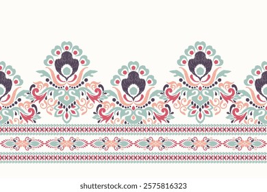 Damask pattern.Ikat floral pattern on white background.Ikat ethnic pattern vector illustration,Aztec style,hand drawn,baroque embroidery.design for texture,fabric,clothing,decoration,sarong,print,hem.