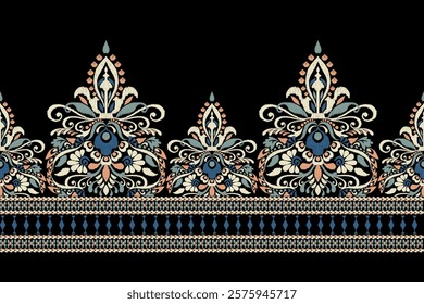 Damask pattern.Ikat floral pattern on black background.Ikat ethnic pattern vector illustration,Aztec style,hand drawn,baroque embroidery.design for texture,fabric,clothing,decoration,sarong,print,hem.