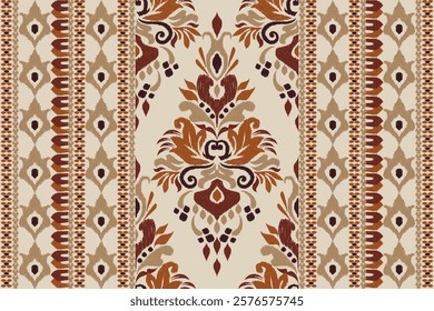 Damask pattern.Ikat floral pattern on brown background.Ikat ethnic pattern vector illustration,Aztec style,hand drawn,baroque embroidery.design for texture,fabric,clothing,decoration,carpet,print.