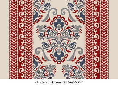 Damask pattern.Ikat floral pattern on brown background.Ikat ethnic pattern vector illustration,Aztec style,hand drawn,baroque embroidery.design for texture,fabric,clothing,decoration,carpet,print.