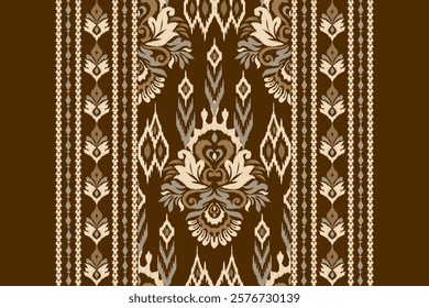 Damask pattern.Ikat floral pattern on brown background.Ikat ethnic pattern vector illustration,Aztec style,hand drawn,baroque embroidery.design for texture,fabric,clothing,decoration,carpet,print.