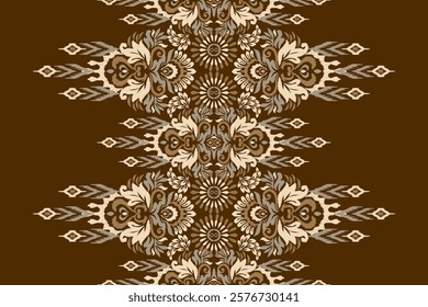 Damask pattern.Ikat floral pattern on brown background.Ikat ethnic pattern vector illustration,Aztec style,hand drawn,baroque embroidery.design for texture,fabric,clothing,decoration,carpet,print.