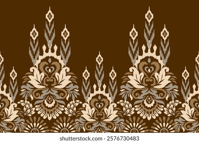 Damask pattern,Ikat floral pattern on brown background,vector illustration,Ikat ethnic oriental embroidery,Aztec style,baroque,hand drawn.design for texture,fabric,clothing,decoration,sarong,print.