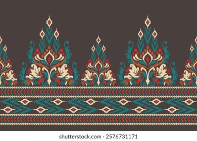 Damask pattern,Ikat floral pattern on brown background,vector illustration,Ikat ethnic oriental embroidery,Aztec style,baroque,hand drawn.design for texture,fabric,clothing,decoration,sarong,print.