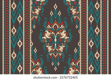 Damask pattern.Ikat floral pattern on black background.Ikat ethnic pattern vector illustration,Aztec style,hand drawn,baroque embroidery.design for texture,fabric,clothing,decoration,carpet,print.