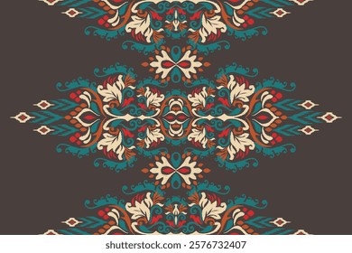 Damask pattern.Ikat floral pattern on black background.Ikat ethnic pattern vector illustration,Aztec style,hand drawn,baroque embroidery.design for texture,fabric,clothing,decoration,carpet,print.