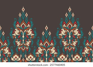 Damask pattern,Ikat floral pattern on brown background,vector illustration,Ikat ethnic oriental embroidery,Aztec style,baroque,hand drawn.design for texture,fabric,clothing,decoration,sarong,print.