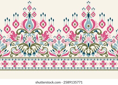 Damask pattern,Ikat floral pattern on white background,vector illustration,Ikat ethnic oriental embroidery,Aztec style,baroque,hand drawn.design for texture,fabric,clothing,decoration,sarong,print.