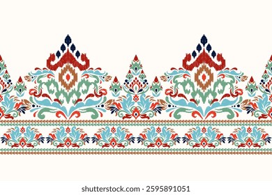 Damask pattern,Ikat floral pattern on white background,vector illustration,Ikat ethnic oriental embroidery,Aztec style,baroque,hand drawn.design for texture,fabric,clothing,decoration,sarong,print.