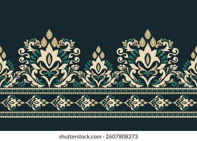 Damask pattern,Ikat floral pattern on black background,vector illustration,Ikat ethnic oriental embroidery,Aztec style,baroque,hand drawn.design for texture,fabric,clothing,decoration,sarong,print.