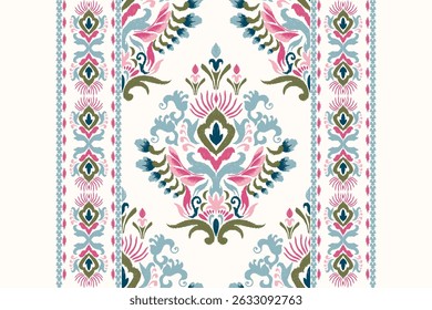 Damask pattern.Ikat floral pattern on white background.Ikat ethnic pattern vector illustration,Aztec style,hand drawn,baroque embroidery.design for texture,fabric,clothing,decoration,carpet,print,rug