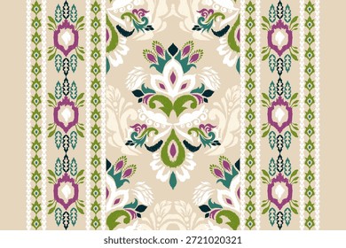 Damast-Muster, Ikat Blumenmuster auf braunem Hintergrund, Vektorgrafik, Ikat ethnisch-orientalisches Muster traditionell, Azteken-Stil.Design für Textur, Stoff, Kleidung, Dekoration, Kissenbezug, Umhüllung, Druck.