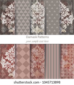 Damask patterns set collection Vector. Baroque ornament with modern abstract elements. Vintage decor. Trendy color fabric textures