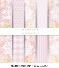 Damask patterns set collection Vector. Baroque ornament on modern abstract background. Vintage decor. Trendy color fabric textures