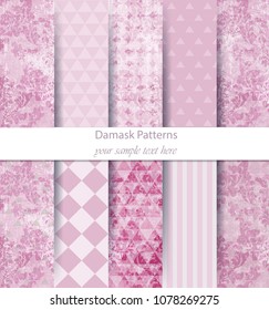 Damask patterns set collection Vector. Classic ornament various colors with abstract background textures. Vintage decors. Trendy color fabric textures