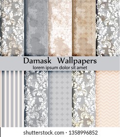 Damask patterns set collection Vector. Baroque ornament grunge background. Vintage decor. Trendy color fabric textures
