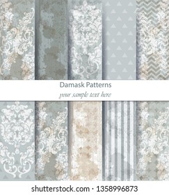 Damask patterns set collection Vector. Baroque ornament grunge background. Vintage decor. Trendy color fabric textures