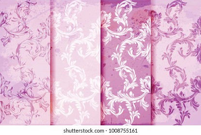 Damask patterns set Vector. Baroque ornament decor. Vintage background. Pink colors fabric texture