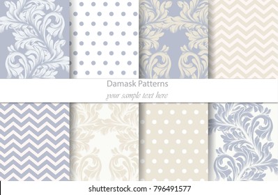 Damask patterns set Vector. Baroque ornament decor. Vintage background. Pastel blue color fabric textures