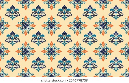 Patrón de damasco, arte tailandés, tela étnica tribal, tela tejida de diseño de patrón elegante sin costuras vintage. Motivo del patrón, geométrico, diseño de textura para el Fondo de pantalla, envoltura, ropa, alfombra, almohada, manta.