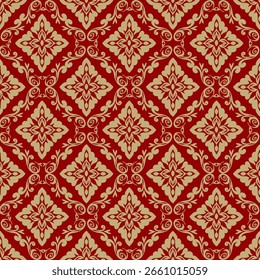 Damask red and gold seamless pattern, vintage design, vector illustration elegant for textile, wall paper, bedding, curtains, cushion cover, upholstery fabric, rug, fashion, luxury design, decoration