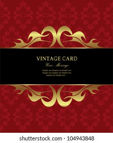 Damask red with gold vintage card. Vector illustration