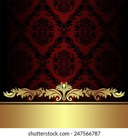 Damask red ornamental Background with golden royal Border. 