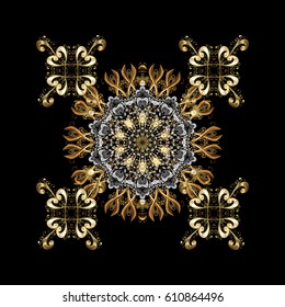 Damask repeating background. Gold floral ornament in baroque style. Antique golden repeatable wallpaper. Golden element on black background.