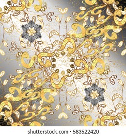 Damask repeating background. Gold neutral floral ornament in baroque style. Antique golden repeatable wallpaper. Golden element on neutral background.