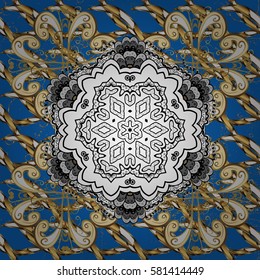 Damask repeating background. Gold Wallpaper on texture background. Golden element on blue background. Gold floral ornament in baroque style.