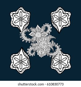Damask repeating background. White blue and white floral ornament in baroque style. Antique repeatable wallpaper. Element on blue and white background.