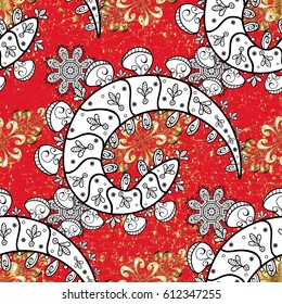 Damask repeating pattern. Antique golden repeatable wallpaper on red background. Gold floral ornament in baroque style.