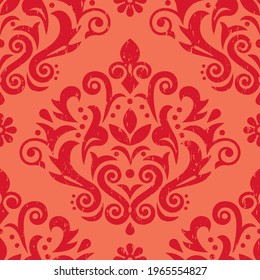 Damask retro scratched vector seamless pattern, victorian red textile or fabric print design with flowers, swirls and leaves. Vintage decorative elegant wallpaper with floral motif