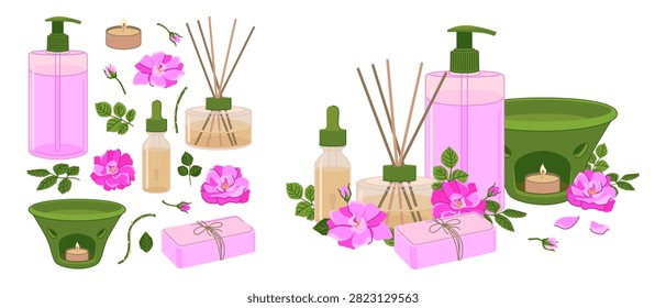 Damask rose flowers, reed diffuser, dropper bottle, essential oils, liquid soap dispenser, and aroma lamp. Vector aromatherapy products set. Ideal for spas, wellness and beauty treatments. Flat style.